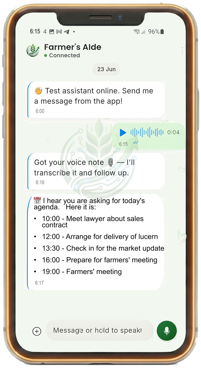 A chat with Farmers' AIde: a voice note is transcribed and the day's agenda is listed