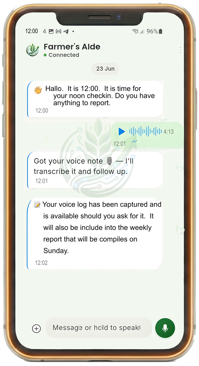 A noon check-in with Farmers' AIde, with the voice log saved for the weekly report